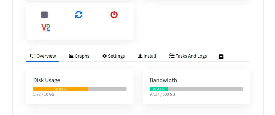 VPS管理面板截图，明确显示500GB流量配额