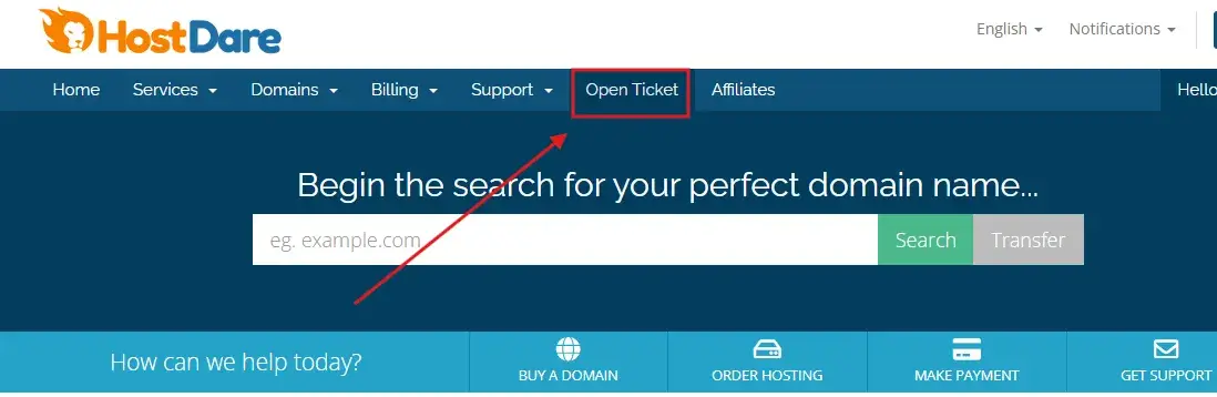 HostDare 客户面板"Open Ticket"